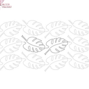 Peut inclure: Un motif numérique composé de 10 feuilles de monstera noires en contour sur un fond blanc. Le texte "Balloon Embroidery" est dans le coin supérieur gauche de l'image.