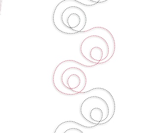 May include: A digital embroidery design featuring a series of black and red dashed lines forming a pattern of overlapping circles. The design is titled "Balloon Embroidery".