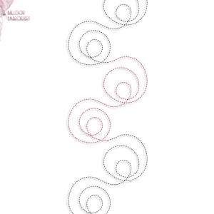 May include: A digital embroidery design featuring a series of black and red dashed lines forming a pattern of overlapping circles. The design is titled "Balloon Embroidery".