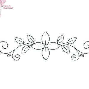 May include: A black line art floral design with a central four-petal flower, leaves, and curling vines. The design is symmetrical and appears on a white background. In the upper left corner are three pink balloons with the text "BALLOON EMBROIDERY".