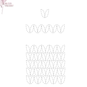 May include: A black and white line drawing of a pattern of leaves. The pattern is made up of a series of overlapping leaves, each with a pointed tip and a curved edge. The leaves are arranged in a repeating pattern, creating a sense of rhythm and movement.