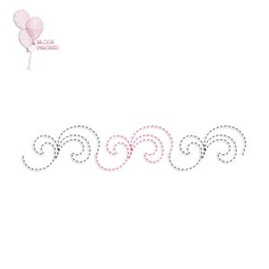 May include: A black and pink embroidery design with a dashed line pattern. The design features a series of swirls and curves.
