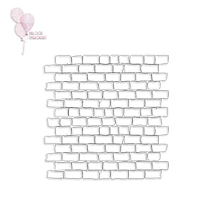 May include: A black and white line drawing of a brick wall. The bricks are arranged in a staggered pattern.