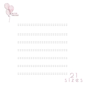Può includere: Un foglio di carta bianco con 21 linee tratteggiate e il testo "BALLOON PARADISE" e "21 misure" in basso.