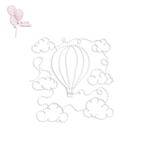 May include: A black and white line drawing of a hot air balloon with clouds. The balloon is outlined with dashed lines, suggesting a stitching pattern. The text "Balloon Embroidery" is included in the image.