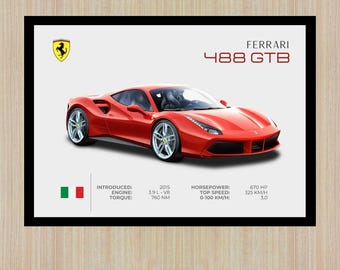 Ferrari 488 GTB Poster | Digital Download | Printable Car Poster | Supercar Poster | Ferrari Poster | Car Home Deco Poster