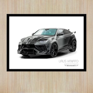 May include: A framed print of a gray Lamborghini Urus Venato by Mansory. The luxury SUV is shown from a side angle, with black wheels and accents. The text "URUS VENATO" and "MANSORY" are displayed below the car.