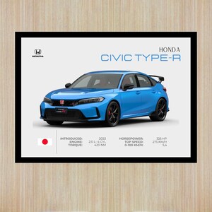 Op de afbeelding: Een ingelijste print met een blauwe Honda Civic Type-R auto. De print bevat het Honda-logo, autospecificaties en de tekst "CIVIC TYPE-R". De auto heeft zwarte wielen en rode accenten. De Japanse vlag is ook aanwezig.