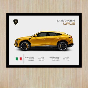 Könnte beinhalten: Ein gelber Lamborghini Urus SUV mit schwarzen Akzenten. Das Auto hat eine schwarze Innenausstattung und schwarze Räder. Das Auto steht auf einem weißen Hintergrund. Der Text auf dem Bild lautet: "Einführung: 2018, Motor: 3,0 L - VB, Drehmoment: 850 Nm, Leistung: 650 PS, Höchstgeschwindigkeit: 305 km/h, 0-100 km/h: 3,6"