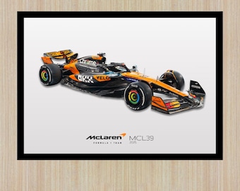 May include: A black and orange McLaren MCL39 Formula 1 race car with the words "Chrome" and "Velo" on the side. The car is on a white background with the McLaren logo and the text "MCL39 Formula 1 Team 2020".