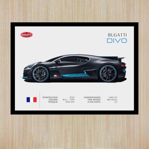 Op de afbeelding: Een ingelijste print met een zwarte Bugatti Divo auto met blauwe details. De afbeelding bevat de tekst "BUGATTI DIVO" en specificaties zoals pk en topsnelheid. De motor is 8,0 L - W16.