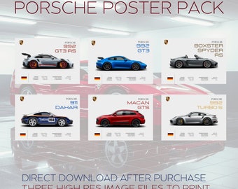 May include: A digital poster pack featuring six different Porsche models, including the 992 GT3 RS, 992 GT3, Boxster Spyder RS, 911 Dahar, Macan GTS, and 992 Turbo S. Each poster features a high-resolution image of the car with the Porsche logo and model name.