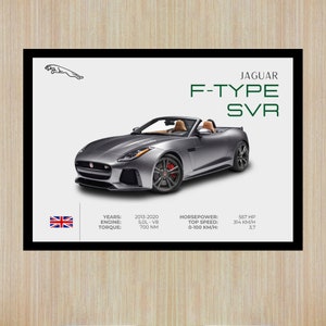 Puede incluir: Un coche deportivo convertible Jaguar F-Type SVR plateado. El coche tiene un interior negro y una capota negra. El coche está sobre un fondo blanco. El texto "JAGUAR F-TYPE SVR" está en letras verdes sobre el coche. El texto "YEARS: 2013-2020, ENGINE: 5.0L - V8, TORQUE: 700 NM, HORSEPOWER: 567 HP, TOP SPEED: 314 KM/H, 0-100 KM/H: 3.7" está debajo del coche.