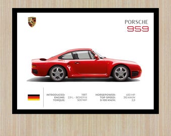 May include: A framed print featuring a red Porsche 959 sports car. The image includes the Porsche logo, car specifications, and the text "PORSCHE 959". The car's engine is a 2.9 L Boxer 6, with 450 HP and a top speed of 310 km/h.