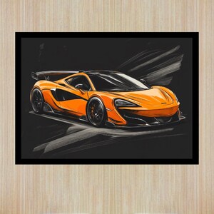 May include: A bright orange sports car with black accents and a black interior. The car is drawn in a stylized, almost cartoonish style, with exaggerated curves and details. The car is set against a dark background with a few strokes of white to suggest movement.