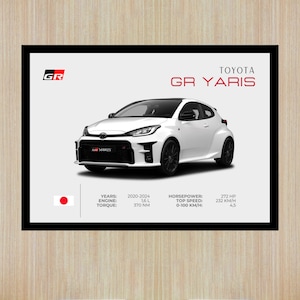 Op de afbeelding: Witte Toyota GR Yaris auto met zwarte accenten, afgebeeld op een witte achtergrond. De afbeelding bevat de tekst "TOYOTA GR YARIS" en specificaties: 2020-2024, 1,6 L motor, 370 Nm koppel, 272 pk, topsnelheid 232 km/u, en 0-100 km/u in 4,5 seconden.