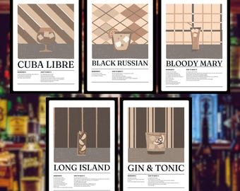 May include: Set of five printable cocktail recipe posters with brown and beige geometric patterns. Each poster features a different cocktail: Cuba Libre, Black Russian, Bloody Mary, Long Island, and Gin & Tonic. Each poster includes the name of the cocktail, a list of ingredients, and instructions on how to make it.