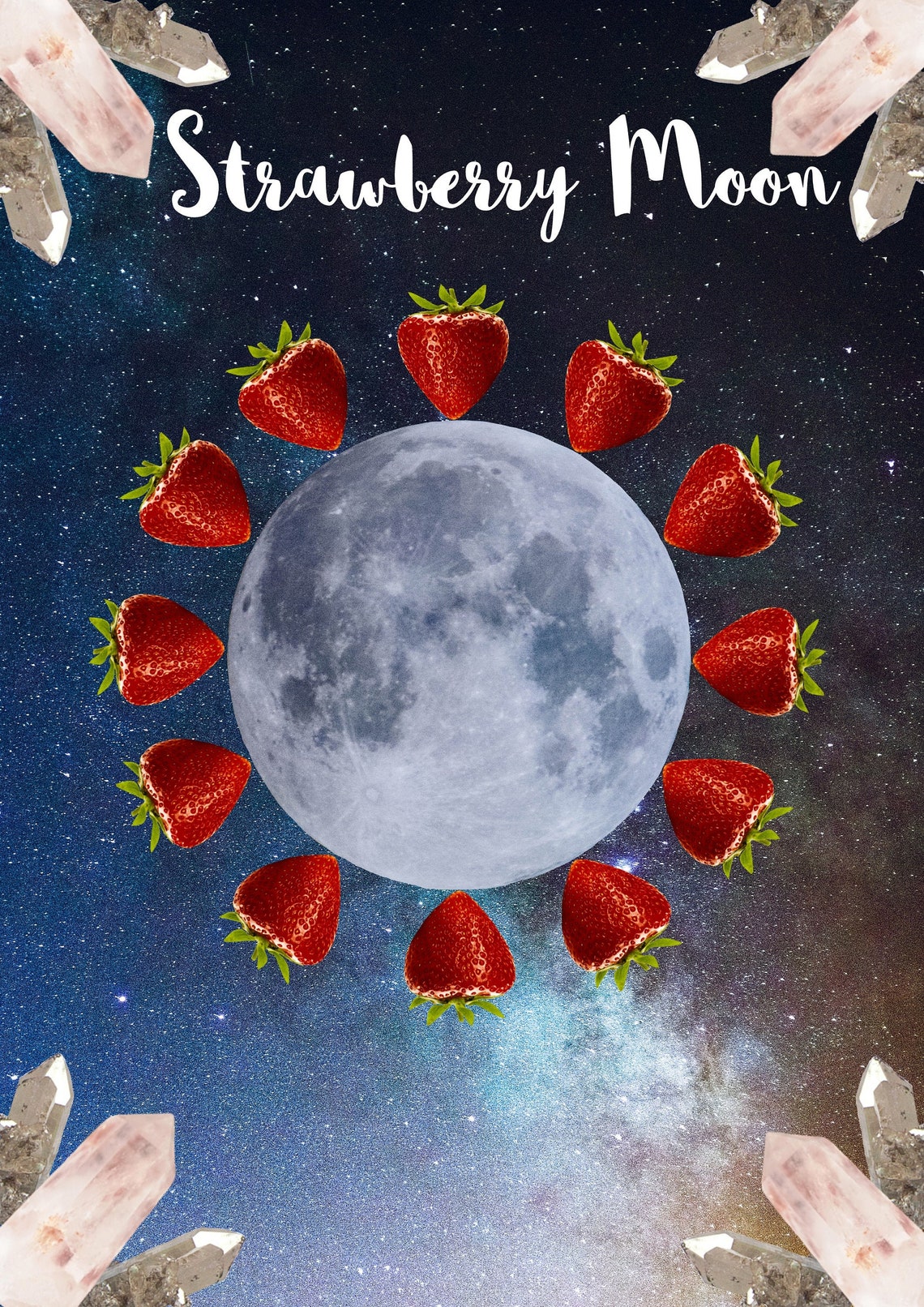 Strawberry Moon Full Moon Art Print Spiritual Art Celestial Etsy