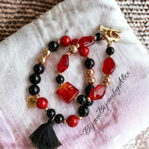 Red Jasper with Onyx and Rose Gold Hematite Bracelet