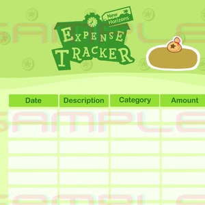 May include: Green and white printable expense tracker with a green gear and the text "New Horizons Expense Tracker". The tracker has columns for date, description, category, and amount. There is a green button at the bottom that says "Total".