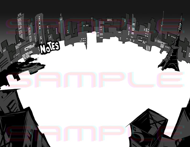 May include: Black and white illustration of a city skyline with a large tower in the centre. The text "NOTES" is written in the top left corner of the image.