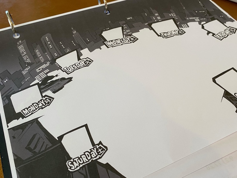 May include: Black and white illustration of a city skyline with each day of the week labelled in a box. The days of the week are Monday, Tuesday, Wednesday, Thursday, Friday, Saturday, and Sunday.