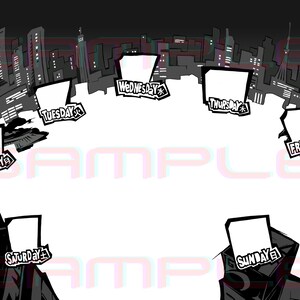 May include: A black and white illustration of a city skyline with a circle of seven blank speech bubbles around the centre. Each speech bubble has a day of the week written in it: Monday, Tuesday, Wednesday, Thursday, Friday, Saturday, and Sunday.
