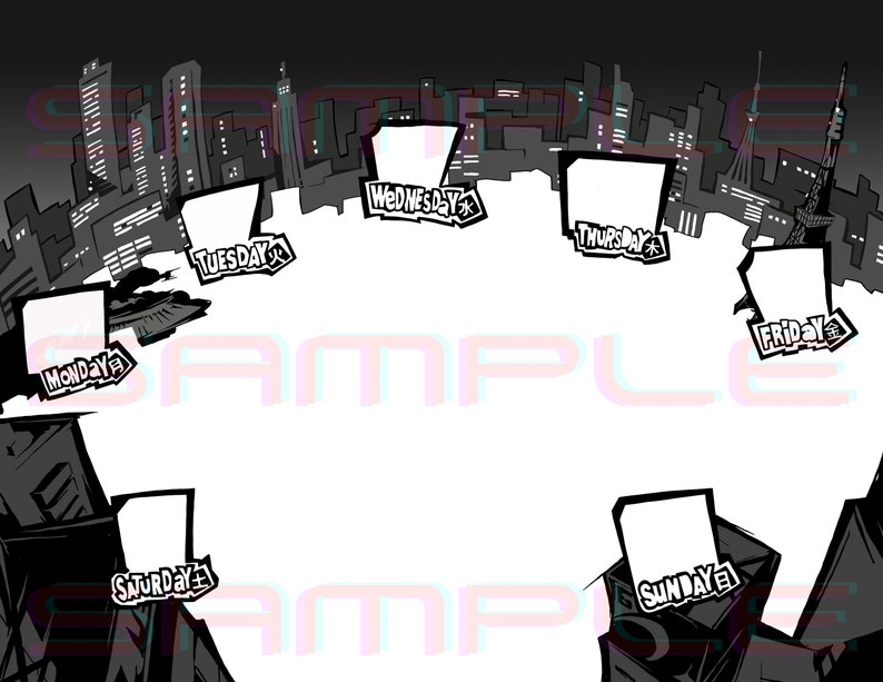 May include: A black and white illustration of a city skyline with a circle of seven blank speech bubbles around the centre. Each speech bubble has a day of the week written in it: Monday, Tuesday, Wednesday, Thursday, Friday, Saturday, and Sunday.