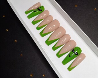 Alien French Tip Press On Nails: Neon Green False Nails