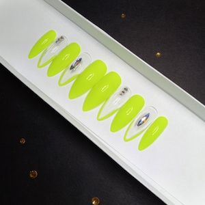 Neon Green With Bling Press On Nails || Clear Press On Nails || Glue On Nails