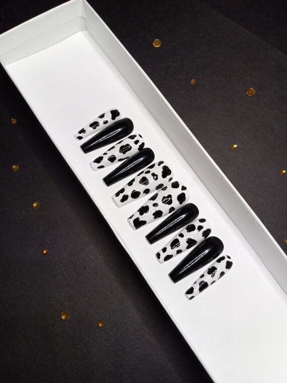 Cow Print Press On Nails: Black and White Glossy Nail Set