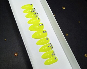 Neon Yellow Press On Nails With Bling || Bling Nails || Bright Nails || Glossy Nails