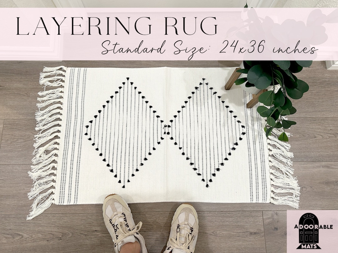 24x36 Inch White and Black Boho Rug Doormat Layering Rug Boho Tassels