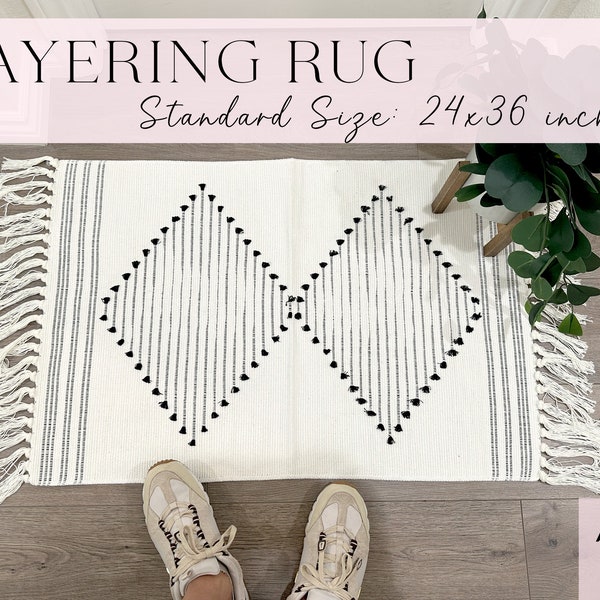 24x36 inch White and Black Boho Rug|  Doormat Layering Rug | Boho Tassels Rug | Small Scatter Rug| Boho Rug with Tassels | Boho Porch Decor