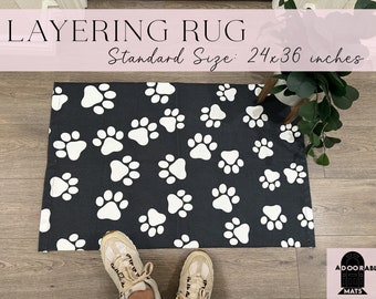 24x36 inch Black and White Paw Print Layering Rug | Doormat Layering Rug | Layering Rug for dog lovers | Dog Paws Layering Rug