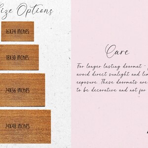 May include: Four different sizes of doormats are shown, with the measurements listed in inches. The doormats are made of a natural material and have a brown color. The text "Care" is written in black on a pink background. The text below "Care" provides instructions for caring for the doormats. The text "ADOORABLE MATS" is written in black on a white background.