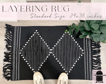 24x36 inch Black & White Diamonds Layering Rug | Aztec Doormat Layering Rug | Doormat Layering Rug | Boho Tassels Rug | Boho Porch Decor