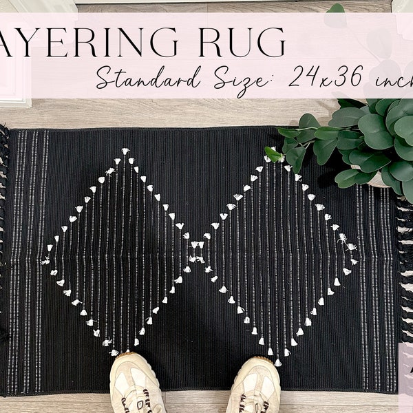 24x36 inch Black & White Diamonds Layering Rug | Aztec Doormat Layering Rug | Doormat Layering Rug | Boho Tassels Rug | Boho Porch Decor