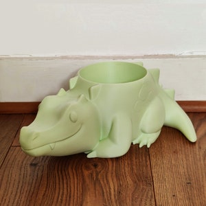 May include: A light green ceramic planter shaped like an alligator with an open mouth. The planter is perfect for small plants or succulents.