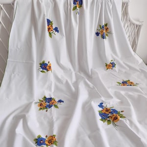 Vintage Hand Painted Pansy Floral Tablecloth. 1970s Folk Table Linen, Large Tablecloth.