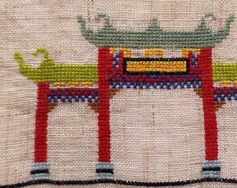 Vintage Oriental Hand Embroidered Suppercloth. Small Ecru Linen tablecloth with Cross Stitch Embroidered Oriental Motifs, Pagoda, Rickshaw….