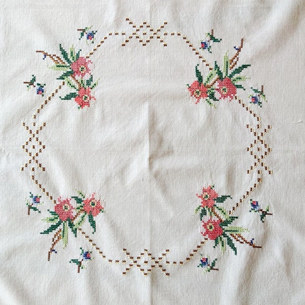 Vintage Hand Embroidered Tablecloth with Pink & Green Cross Stitch Flowers, Green  Cross Stitch Border. White Cotton c. 1950s-1970s.