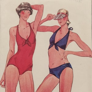 May include: A vintage sewing pattern for two swimsuit styles. The pattern is for size 12, bust 34 inches (87 cm). The pattern is for moderate stretch knits only. The pattern is from Butterick and has the number 5487.