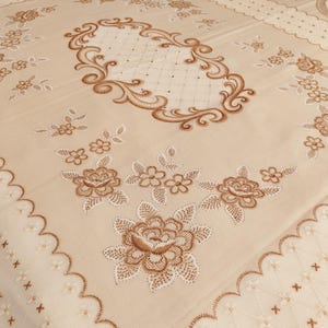 Vintage Double Bedspread Fringed. Cream & Brown Rose Floral Coverlet, Semi Sheer Netting, 1970s Bedding Decor.