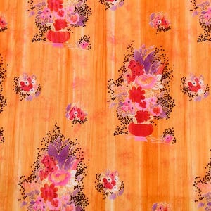 2.4m Vintage Floral Knit Fabric, 1960s-70s. Orange Mauve Red Pink Floral Vase Print, Interlock Knit Fabric. 156cm wide.