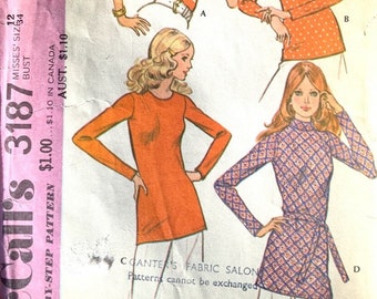 Retro Knitwear Tops. 1970s Vintage McCalls Pattern 3187. Misses Tops Stretchable Knits. Size 12 AU. Close fit, short - long sleeve. Precut.