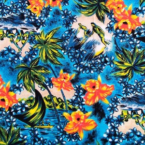 Retro Blue Hawaiian Fabric c. 1960s-70s. Tricot Knit, 1 way stretch, Lightweight Draping Fabric. Vibrant Colours, Surfer Theme, by Half MTR