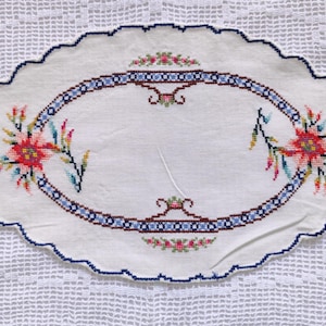 Vintage Cross Stitch Oval Doily, Scalloped Edge. Colourful Fuschia Floral Embroidery on hardanger cloth. Pinks Greens Brown and Blue Borders