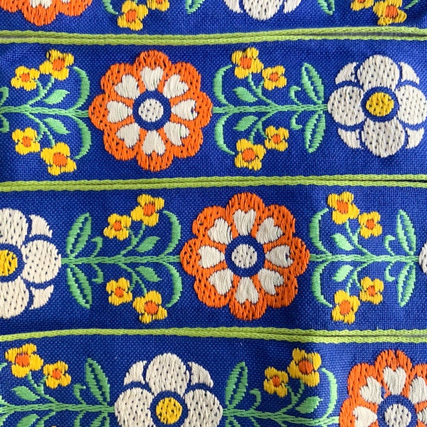 Vintage 1970s Embroidered Floral Trim. Woven Jacquard Wide Trim 4.8cm x 2.74m. Blue Orange White Green Yellow. Belt, Garments, Straps, Decor