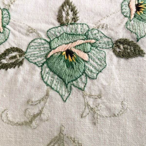 Embroidered Teal & Salmon Floral Tablecloth. White cotton, quaint small tablecloth. Machine embroidered suppercloth c. 1970s. Cottage style